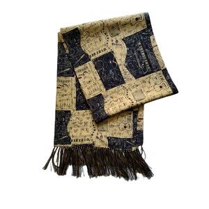 Zazou Luxe Silk Scarf Music Theme Rectangular 56"x10.5" Brown Beige Black Tassel